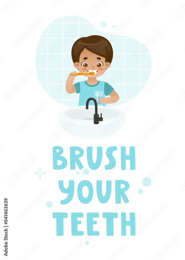 Dental hygiene poster for kids. Banner with cartoon boy brushing his teeth in front of the sink. Brush your teeth text. Dental hygiene poster for kids. Banner with cartoon boy brushing his teeth in front of the sink. Brush your teeth text.