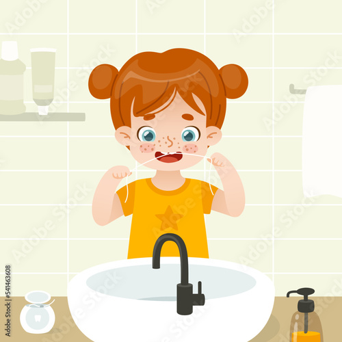Flossing cartoon girl. Cute kid using dental floss in bathroom. Adorable flossing baby girl.
