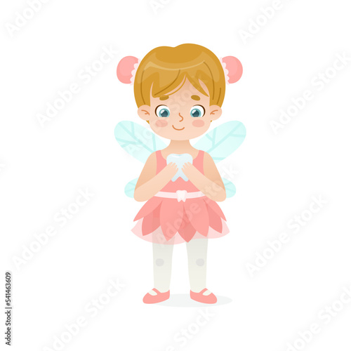 Cartoon tooth fairy dental mascot for kids. Cute baby girl tooth fairy standing and holding tooth.