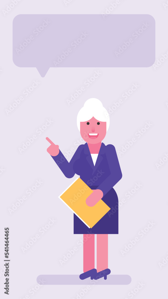 Old business woman three quarters face pointing finger and holding folder Old business woman three quarters face pointing finger and holding folder