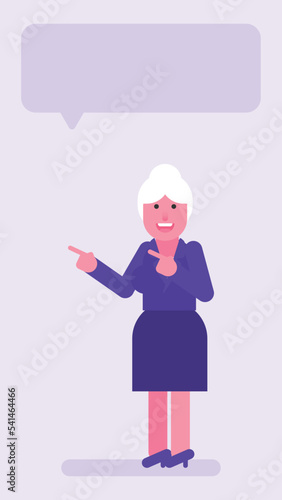 Old business woman three quarters face pointing fingers and smiling