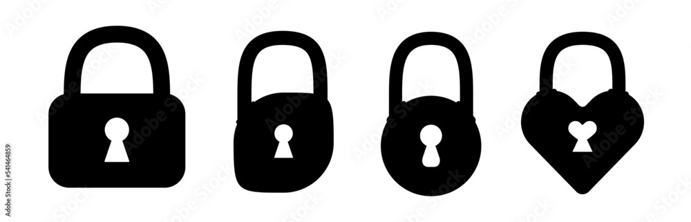 Black vector lock set isolated on white background. Padlock icon collection to use in design projects for IT, cyberspace, internet security, privacy, webdesign. Rectangle, round, heart shaped lock set Black vector lock set isolated on white background. Padlock icon collection to use in design projects for IT, cyberspace, internet security, privacy, webdesign. Rectangle, round, heart shaped lock set