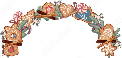 Christmas border with gingerbread cookies on white background. Vector illustration.