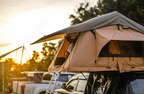 Tourists go camping with a camp car on the beach, Sattahip, Thailand, October 24, 2022.