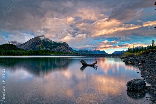 Beautiful view of Upper Kananaskis Lake against a cloudy sky in Canada