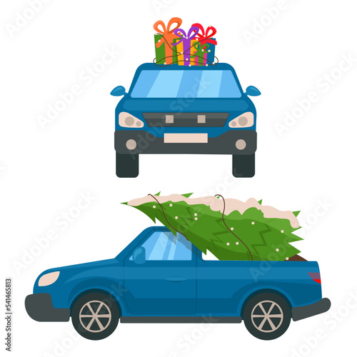 Blue car carries a Christmas tree for Christmas or New Year celebration. Blue car carries a lot of gifts on the roof. Vector graphic. 