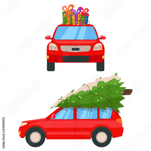 Red car carries a Christmas tree for Christmas or New Year celebration. Red car carries a lot of gifts on the roof. Vector graphic.	