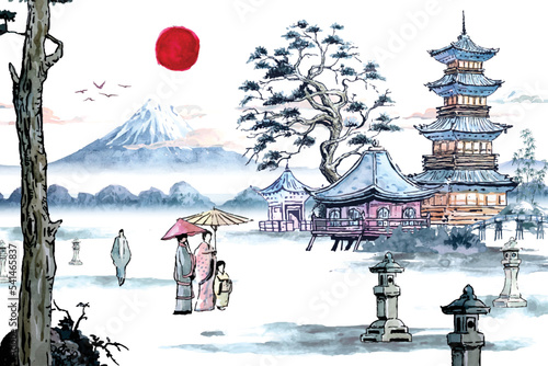 Village in the mist in front of Mount Fuji 