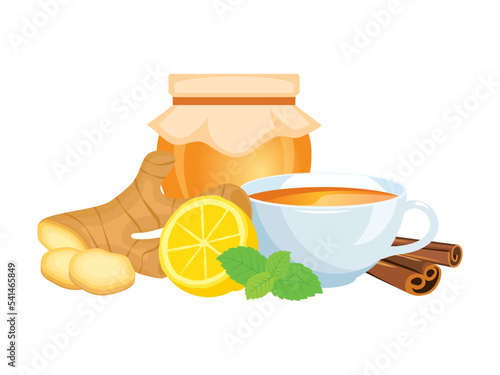 Cup of tea with honey, ginger and lemon still life vector. Cup of healthy herbal tea icon set isolated on a white background. Winter vitamin drink drawing