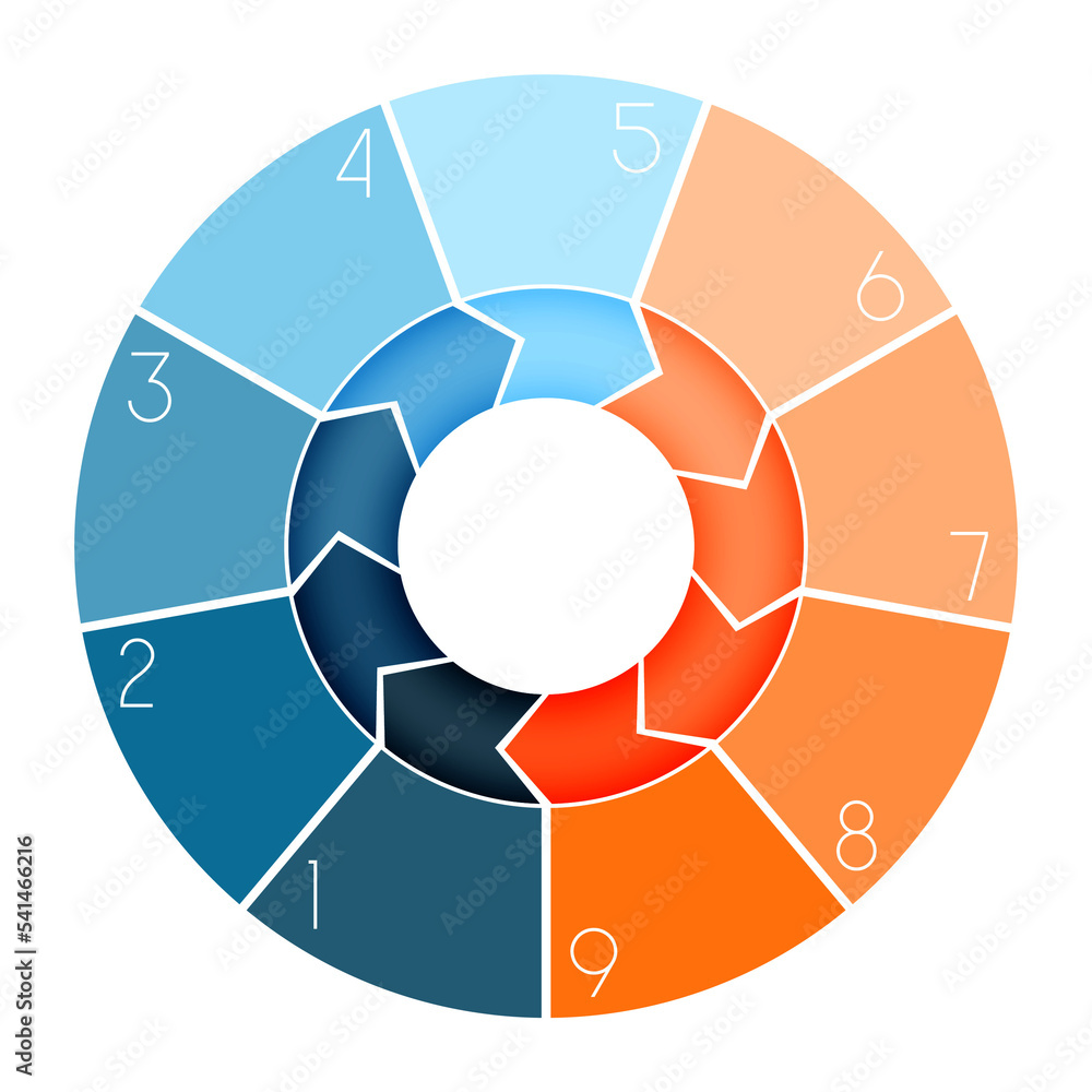 Infographic templates, pie chart and colored arrows 9 positions, isolated Infographic templates, pie chart and colored arrows 9 positions, isolated