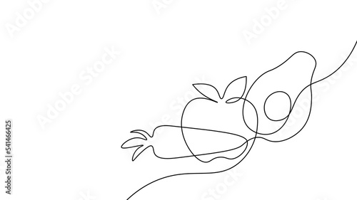 One continuous line fresh avocado carrot tomato icon. Vegetables salad fruit healthy lifestyle symbol template. Organic local market vector illustration