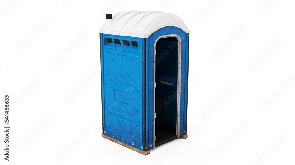 Blue portapotty outdoor construction open door position angle view isolated on a white