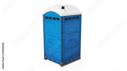Blue portapotty outdoor construction open door position back view isolated on a white background