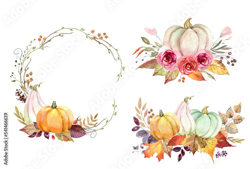 Watercolor compositions of pumpkins, leaves, flowers and berries. Autumn Art with pumpkins. Frames and bouquets of pumpkins. Multicolored pumpkins and flowers for cards, invitations, menus and scrapbo