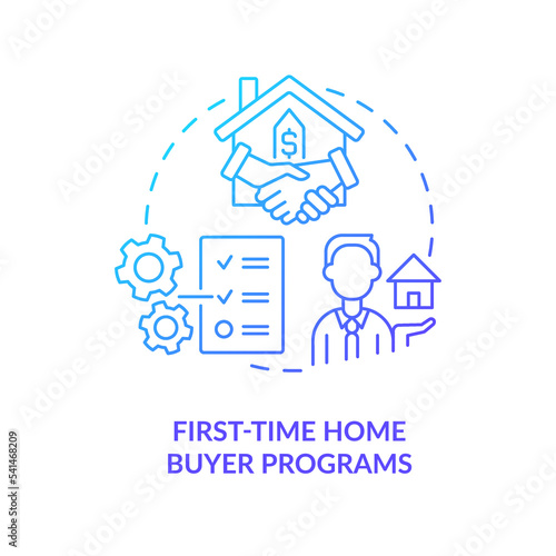 First time home buyer programs blue gradient concept icon. Mortgage loan. Real estate purchase abstract idea thin line illustration. Isolated outline drawing. Myriad Pro-Bold font used