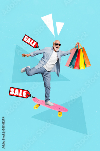 Photo artwork minimal picture of excited happy smiling age guy riding skateboard hurrying shopping isolated drawing background