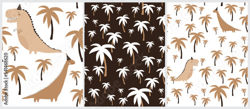 Cute Hand Drawn Seamless Vector Patterns with Funny Dinosaur and Palm Trees on a White and Brown Background. Prehistoric Reptile Repeatable Design. Dino Party Print ideal for Wrapping Paper, Fabric.