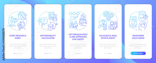Homebuying process blue gradient onboarding mobile app screen. Buy property walkthrough 5 steps graphic instructions with linear concepts. UI, UX, GUI template. Myriad Pro-Bold, Regular fonts used