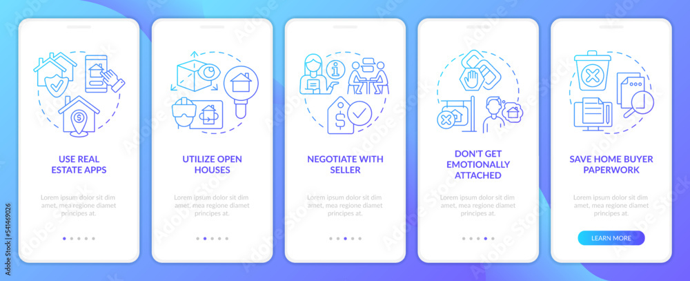 Buy property blue gradient onboarding mobile app screen. New homebuyer rules walkthrough 5 steps graphic instructions with linear concepts. UI, UX, GUI template. Myriad Pro-Bold, Regular fonts used Buy property blue gradient onboarding mobile app screen. New homebuyer rules walkthrough 5 steps graphic instructions with linear concepts. UI, UX, GUI template. Myriad Pro-Bold, Regular fonts used