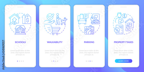 Residential area blue gradient onboarding mobile app screen. Real estate walkthrough 4 steps graphic instructions with linear concepts. UI, UX, GUI template. Myriad Pro-Bold, Regular fonts used