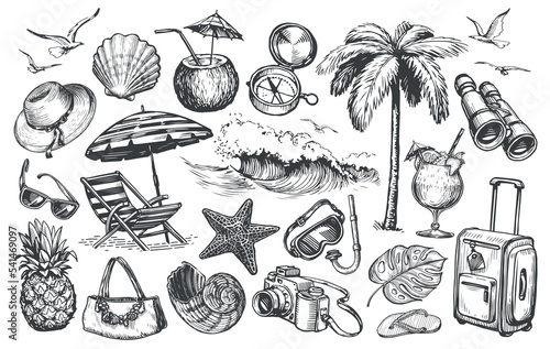 Travel set. Hand drawn vector illustrations in vintage sketch style. Summer tour, vacation, beach holiday concept