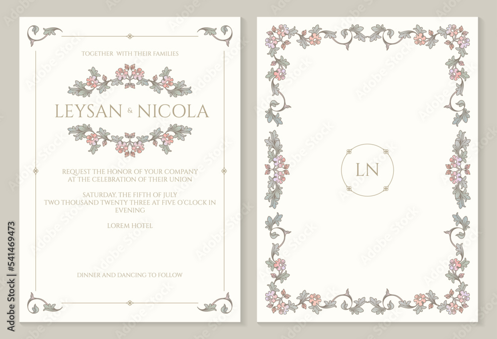 Retro wedding invitation template. Vintage color frame and monogram.