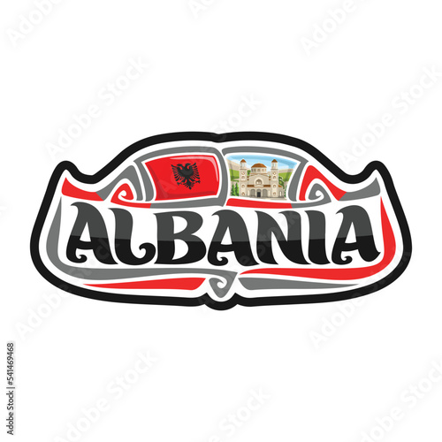 Albania Flag Travel Souvenir Skyline Landmark Map Sticker Logo Badge Label Stamp Seal Emblem Coat of Arms Gift Vector Illustration SVG EPS