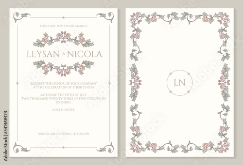 Retro wedding invitation template. Vintage color frame and monogram.