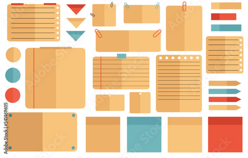 Set of stickers. Paper for notes. Collection of various sheets of paper. Organizers for making writing notes and jotting isolated on yellow background. Decorative colorful vector illustration