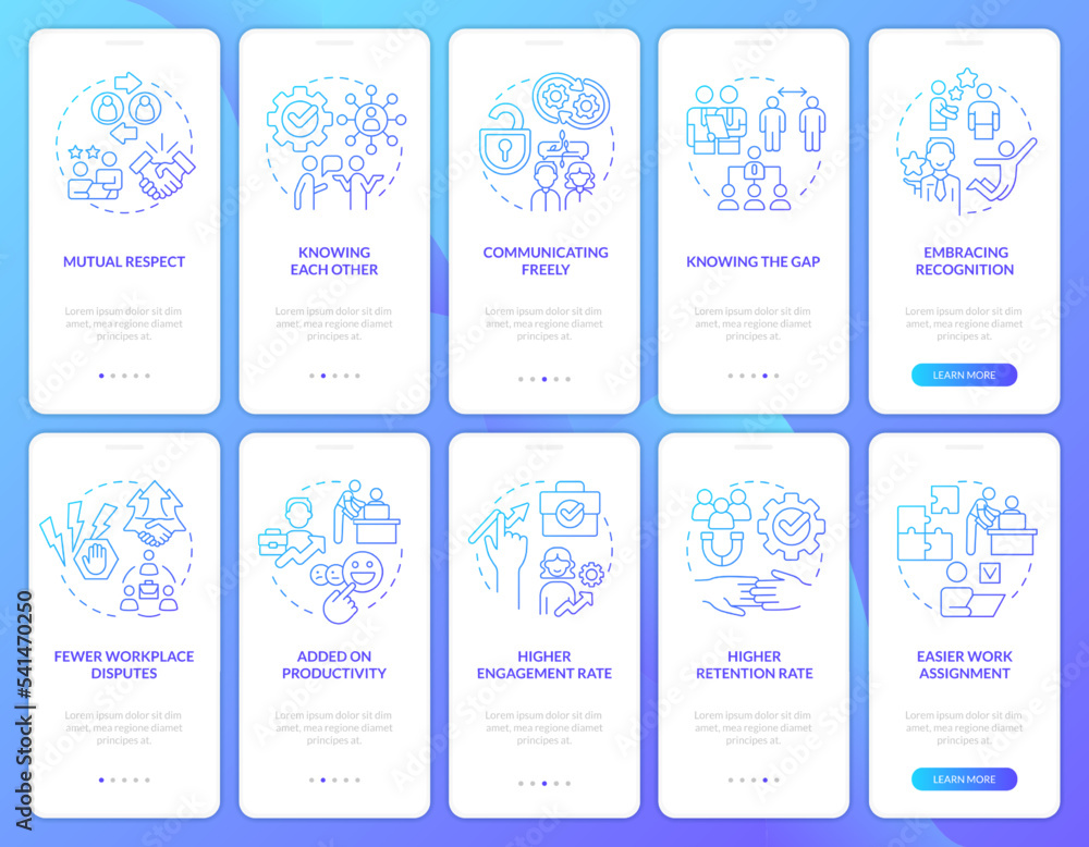 Relationship with employees blue gradient onboarding mobile app screen set. Walkthrough 5 steps graphic instructions with linear concepts. UI, UX, GUI template. Myriad Pro-Bold, Regular fonts used