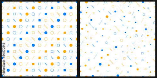 Vector abstract seamless pattern. Geometric shapes circles, squares, zigzags on an isolated white background.