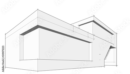 3d sketch of modern building on white background 