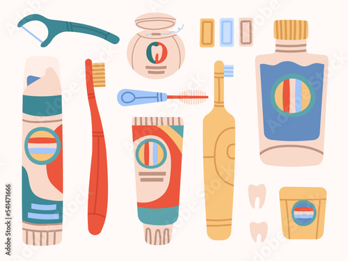 A set of different tools for cleaning your mouth. Various toothbrushes, toothpaste, dental floss,tooth, mouthwash. Dental hygiene, Oral care concept. Vector isolated icons cartoon illustration