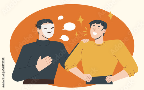 Man in mask telling a  lie to a happy young man. Concept of hypocrisy, dishonesty. Vector cartoon style illustration 