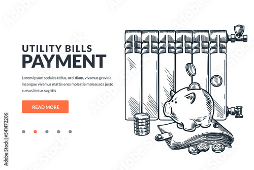 Utility bills payment concept. Vector hand drawn sketch illustration of electricity meter, piggy bank, light bulb, money