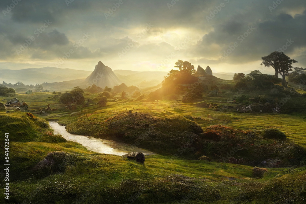 Obraz premium Illustration of beautiful fantasy landscape with river
