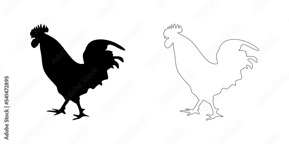 Fototapeta premium Rooster siluhette. Rooster linear and black siluhette on white background. vector eps10