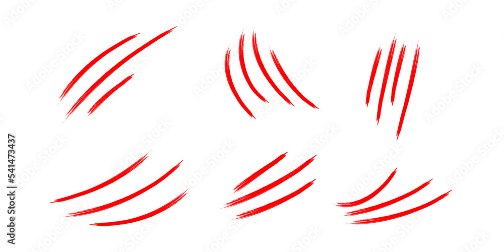 Set of red bloody animal claws scratches the footprint. Cat, tiger, bear, lion scratch the shape of the paw. A trace of three and four nails. Funny design element isolated. Vector illustration Set of red bloody animal claws scratches the footprint. Cat, tiger, bear, lion scratch the shape of the paw. A trace of three and four nails. Funny design element isolated. Vector illustration