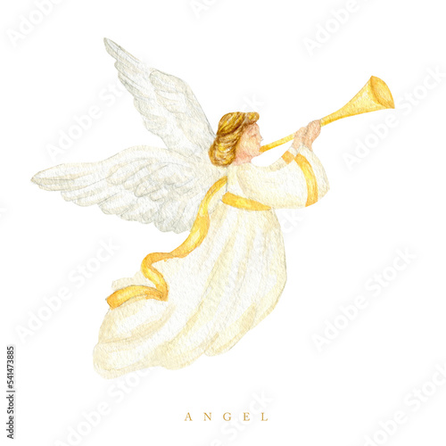 Christmas angel with trumpet watercolor illustration, Christian Nativity angel with wings isolated on a white background, design for religious baptism invitation, greeting card