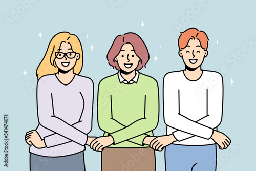 People hold each other with arms crossed in front. Synergies, mutual help, coordination, cooperation between colleagues at work. Man, women support to each other. Vector linear illustration.