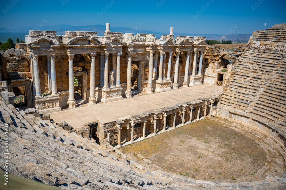 View of the Pamukkale Amphitheater, the ruined city of Hierapolis, Turkey.