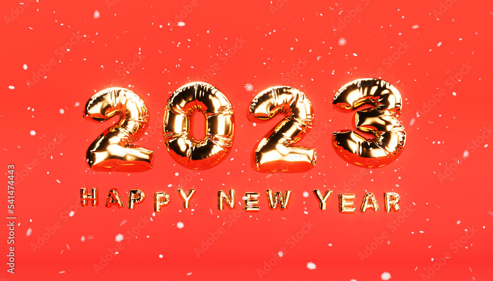 Red Christmas background. Big letters. Happy New Year 2023. 3D rendering Red Christmas background. Big letters. Happy New Year 2023. 3D rendering