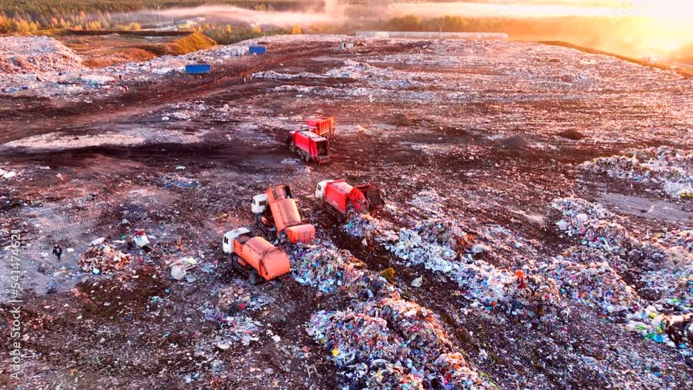 Garbage truck unloads rubbish. Landfill with solid household waste
