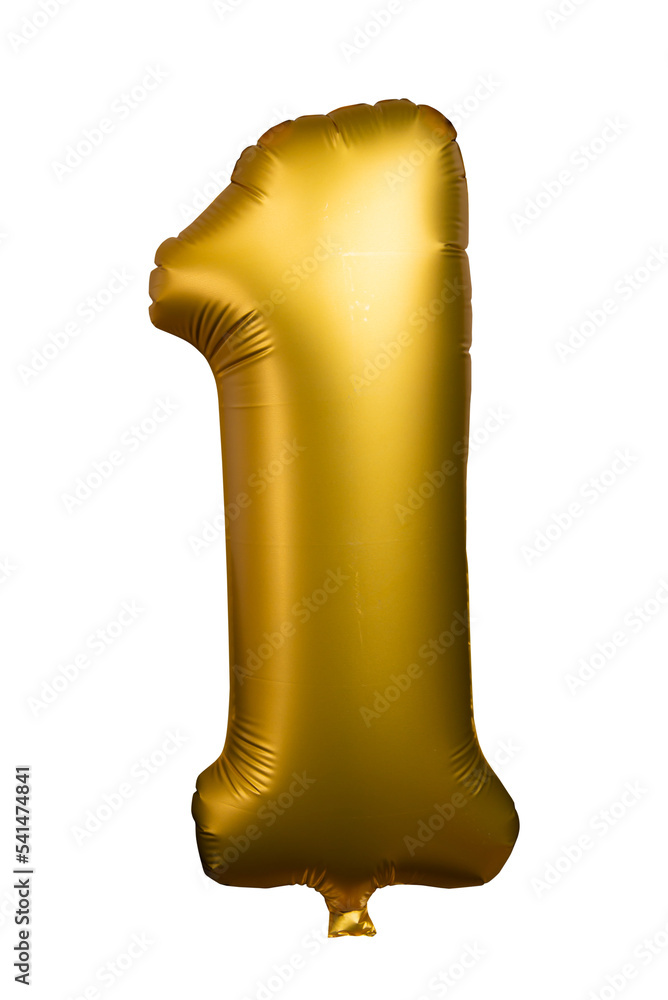 Golden air balloon in the shape of number 1 isolated on transparent