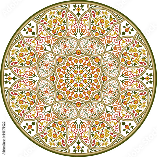 Vector round colored Arabic national ornament. Endless vegetable Pattern of eastern peoples of Asia, Africa, Persia, Iran, Iraq.