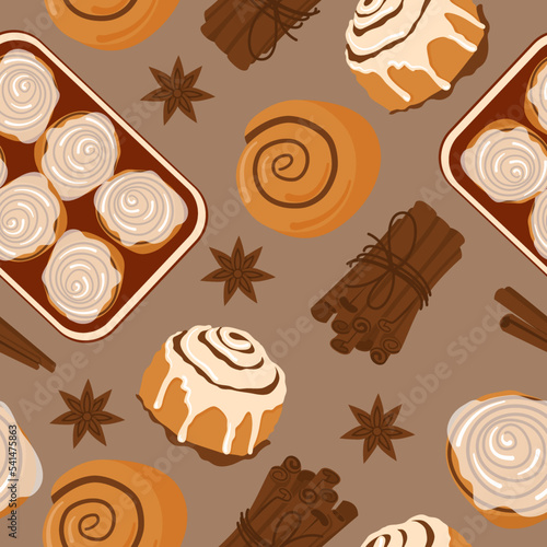 Cinnamon roll bun seamless pattern cartoon vector. Food baked in flat style. Bread bakery concept