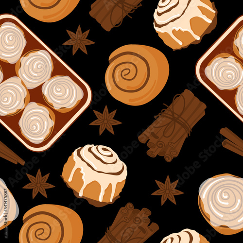 Cinnamon roll bun seamless pattern cartoon vector. Food baked in flat style. Bread bakery concept