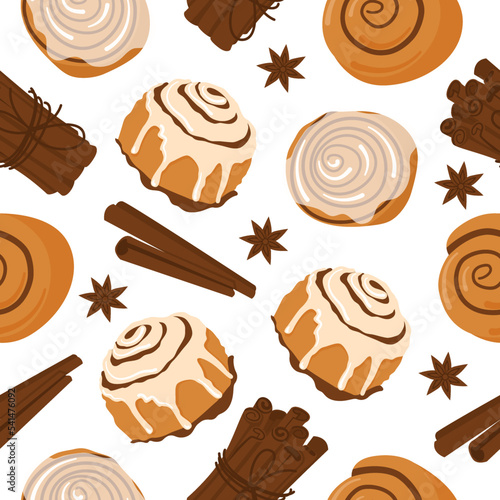 Cinnamon roll bun seamless pattern cartoon vector. Food baked in flat style. Bread bakery concept