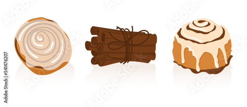 Cinnamon roll bun icons set cartoon vector. Food baked in flat style. Bread bakery concept