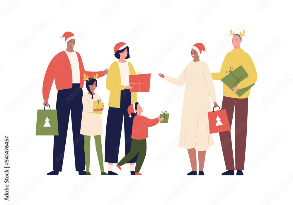 Christmas and new year celebration concept. Vector flat design character illustration. Diverse family with male and female parents, grandparent and children give gifts isolated on white background Christmas and new year celebration concept. Vector flat design character illustration. Diverse family with male and female parents, grandparent and children give gifts isolated on white background
